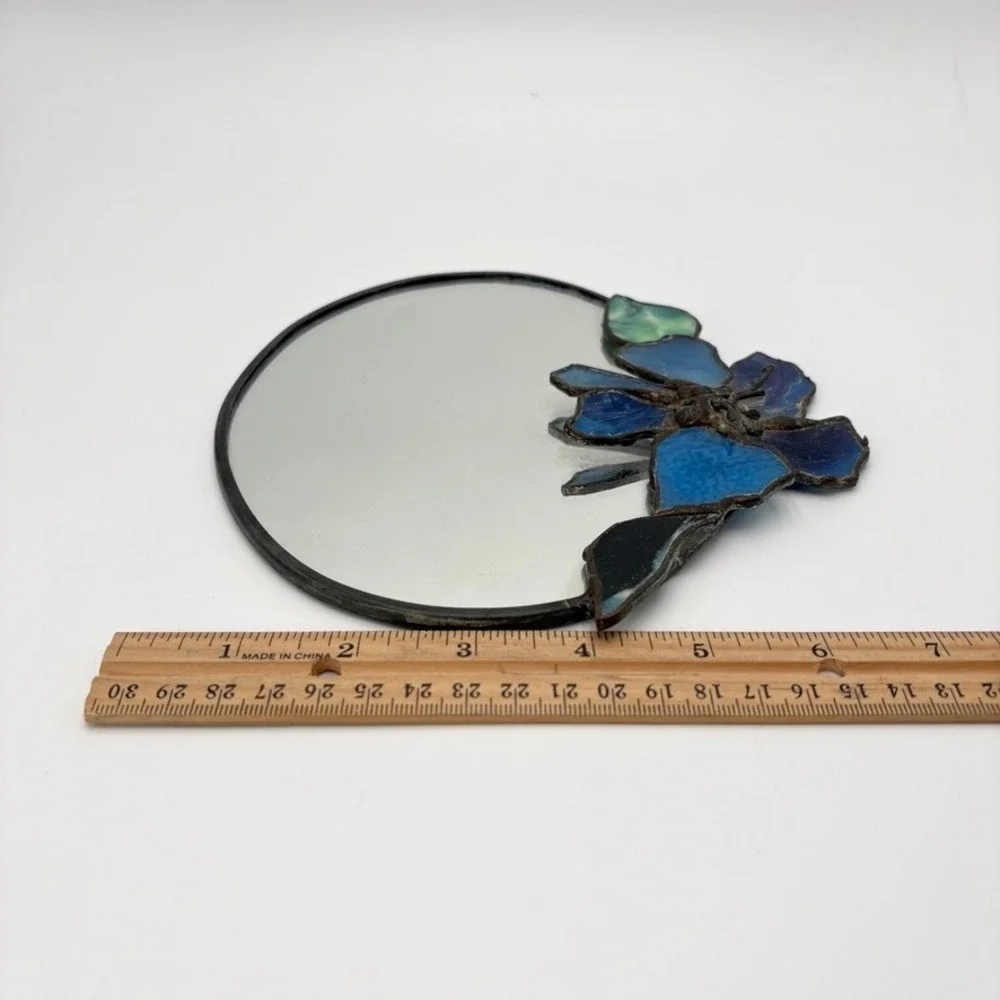 Vintage Handmade Stained Glass Mirror Blue Floral Signed Wall Decor 8x7 1996